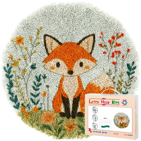 Latch Hook Rug Kit Cartoon Cute Little Fox on Colorful Wild Flowers Stamped Handmade Round Shape Carpet Crochet Yarn Craft DIY Hook and Latch Door Mat Tapestry for Home Floor Decor 50x50cm(2)