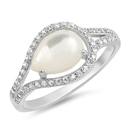 Simulated Mother of Pearl Pear Teardrop Halo Wedding Ring Sterling Silver Band Size 7