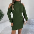 thumbnail image 3 of Women's Sweater Dress Knit Dress Off Shoulder Mock Neck Cable Knit Puff Sleeve Bodycon Winter Dress for Casual Party,Army Green,L, 3 of 9