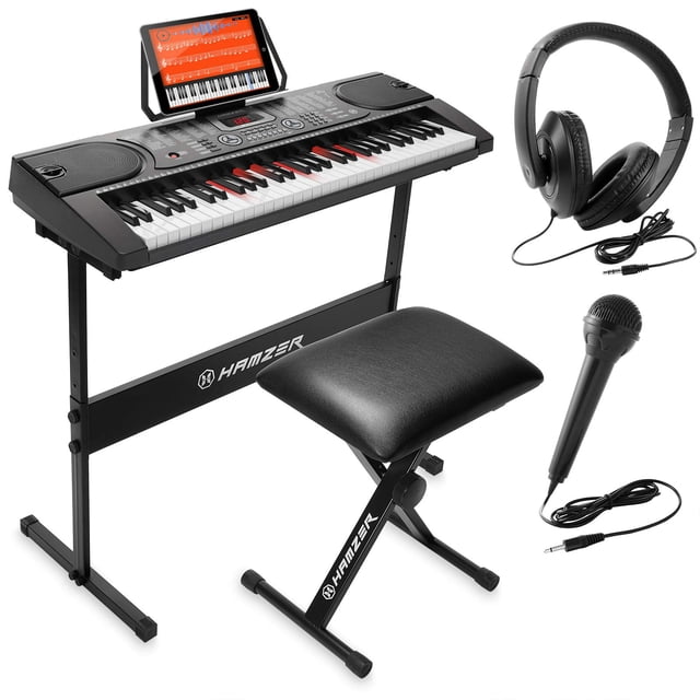 Hamzer Piano con teclado de 61 teclas con teclas iluminadas, parlantes incorporados, soporte, banco y etiquetas para teclas - Juego de teclado musical electrónico portátil para principiantes