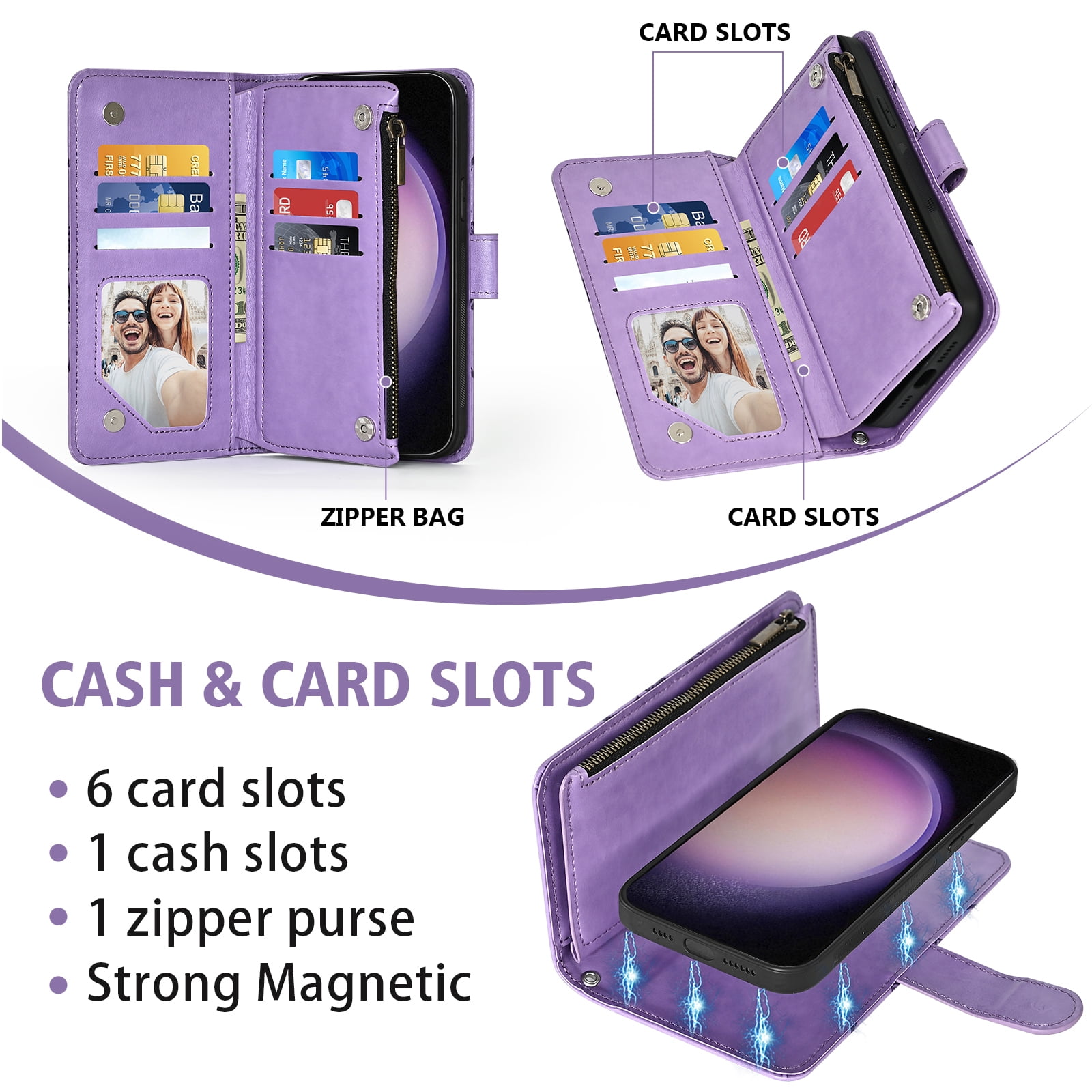Asuwish Phone Case for Samsung Galaxy S23 5G Zipper Wallet Magnetic Detachable Cell Cover with Tempered Glass Screen Protector Crossbody Strap Flower Card Holder Slot S 23 23S SM-S911U Women Purple