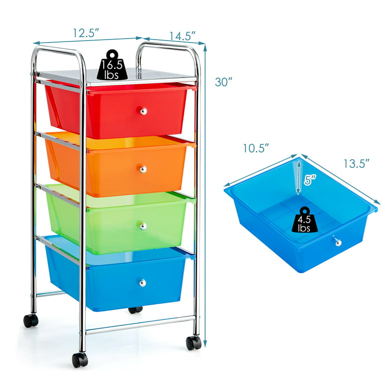 Costway 4-Drawer Cart Storage Bin Organizer Rolling w/Plastic Drawers  Rainbow