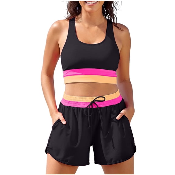 Womens Bikini Swimsuits 2 Piece Color Block Crop Tank Tops Boyshorts Bottom Athletic Full Coverage Bathing Suit, S