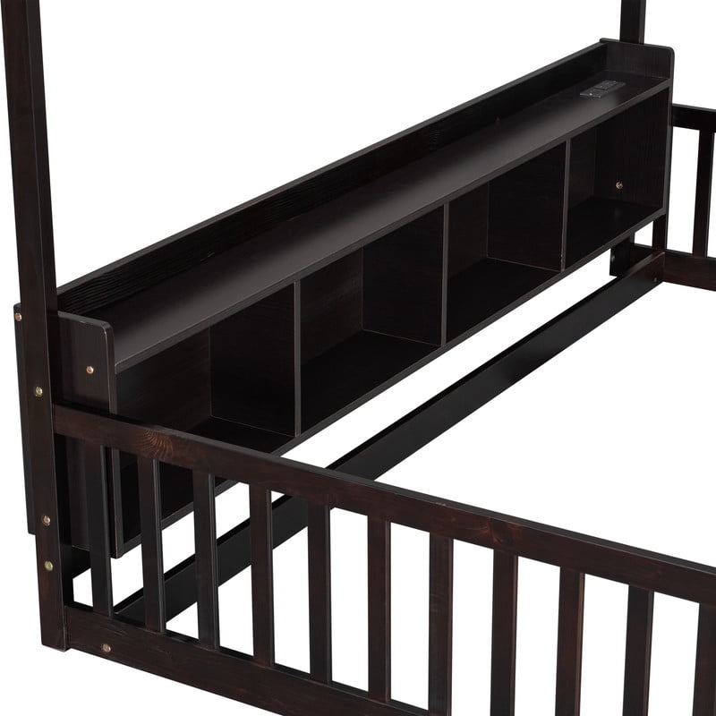 Twin Size House-Shaped Canopy Bed with Roof, Wood Kid's Floor Bed Frame with Storage Shelves, LED Lights & Charging Station