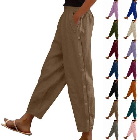 Laqbezok Women's Cotton Linen Pants, Mid Waist Button Detail Casual Trousers with Pockets, Summer Loose Tapered Pants for Travel Vacation