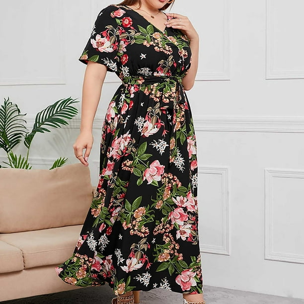 Womens Summer Dresses Casual Bohemian V-neck Ruffles Floral Printed Long  Maxi Dress Ladies Short Sleeve Beach Dresses 