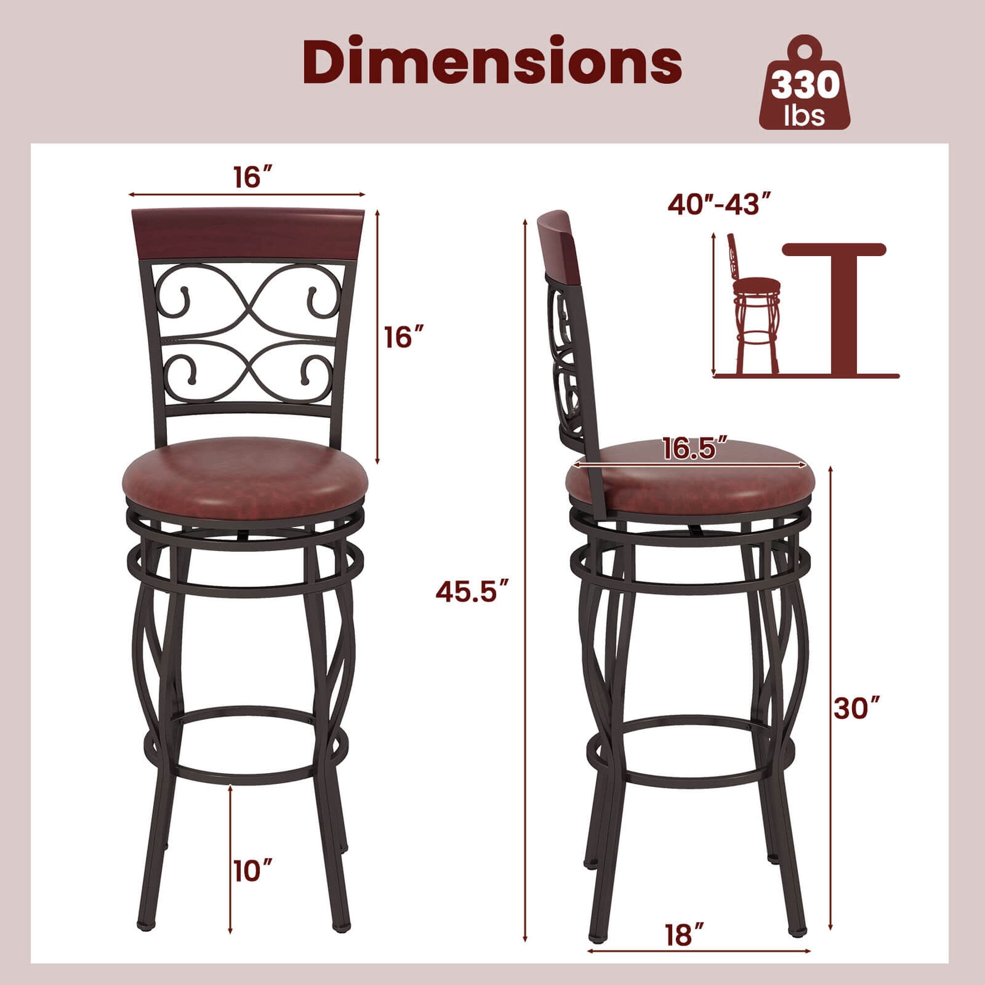 Costway Set of 2 Vintage Bar Stools Swivel Padded Seat 30'' Bistro Dining Kitchen Pub Chair High Back