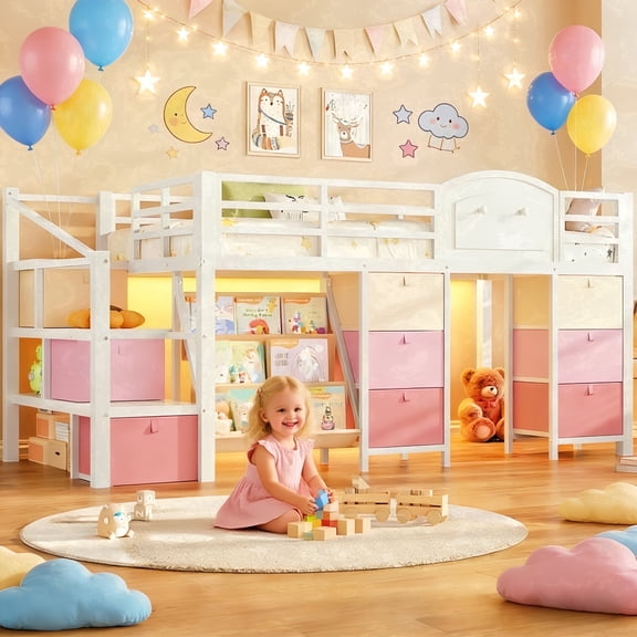 Low Loft Bed with Storage Stairs & Drawers & Shelves, LED Twin Metal Loft Bed with Under-Bed Playhouse, White