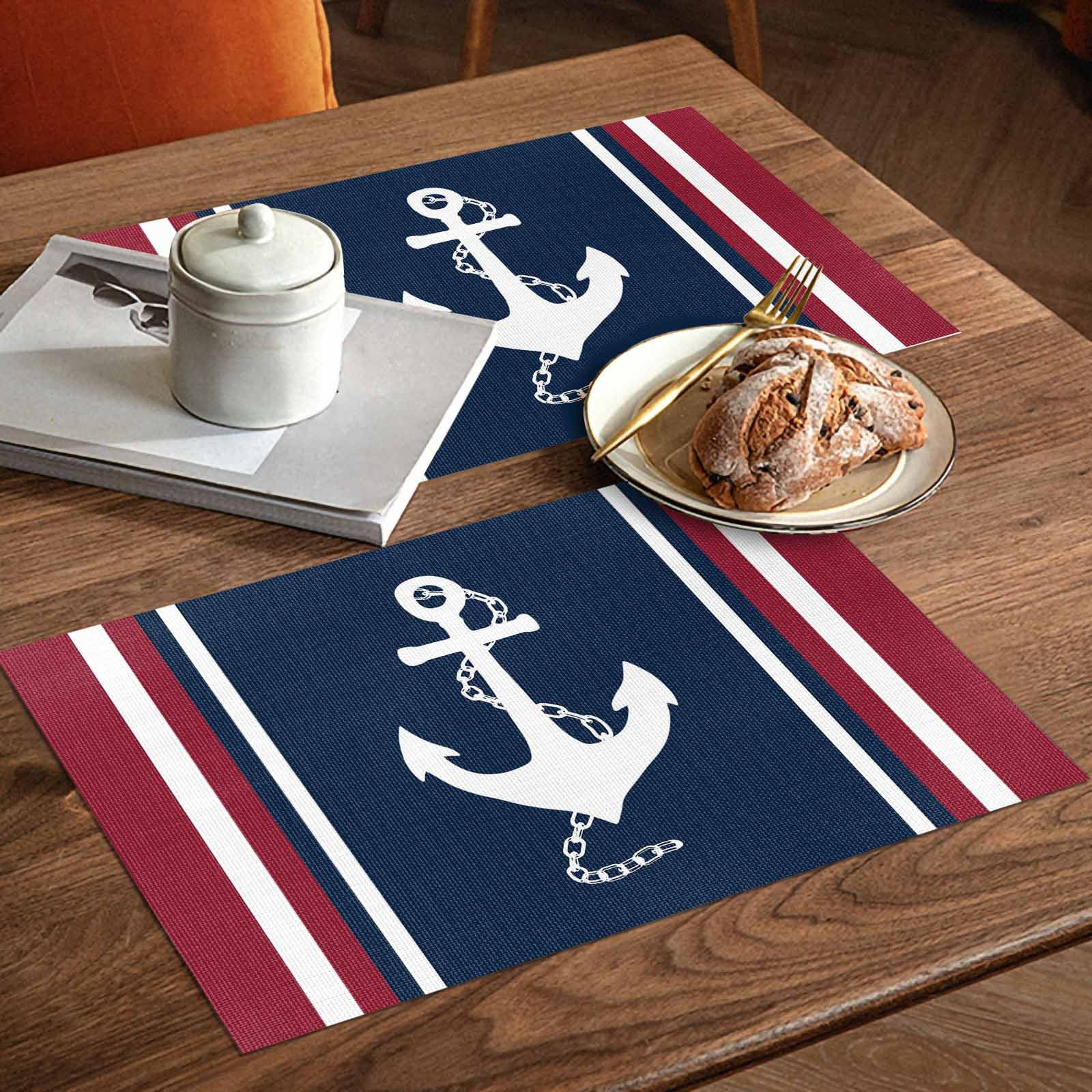 Placemats Set of 4, Nautical Anchor Placemats Set of 4, Navy Blue Red Stripes Tablemats Washable Placemat Table Decoration for Kitchen Table Dinner Party Home Decor Indoor Outdoor 13x19 Inch