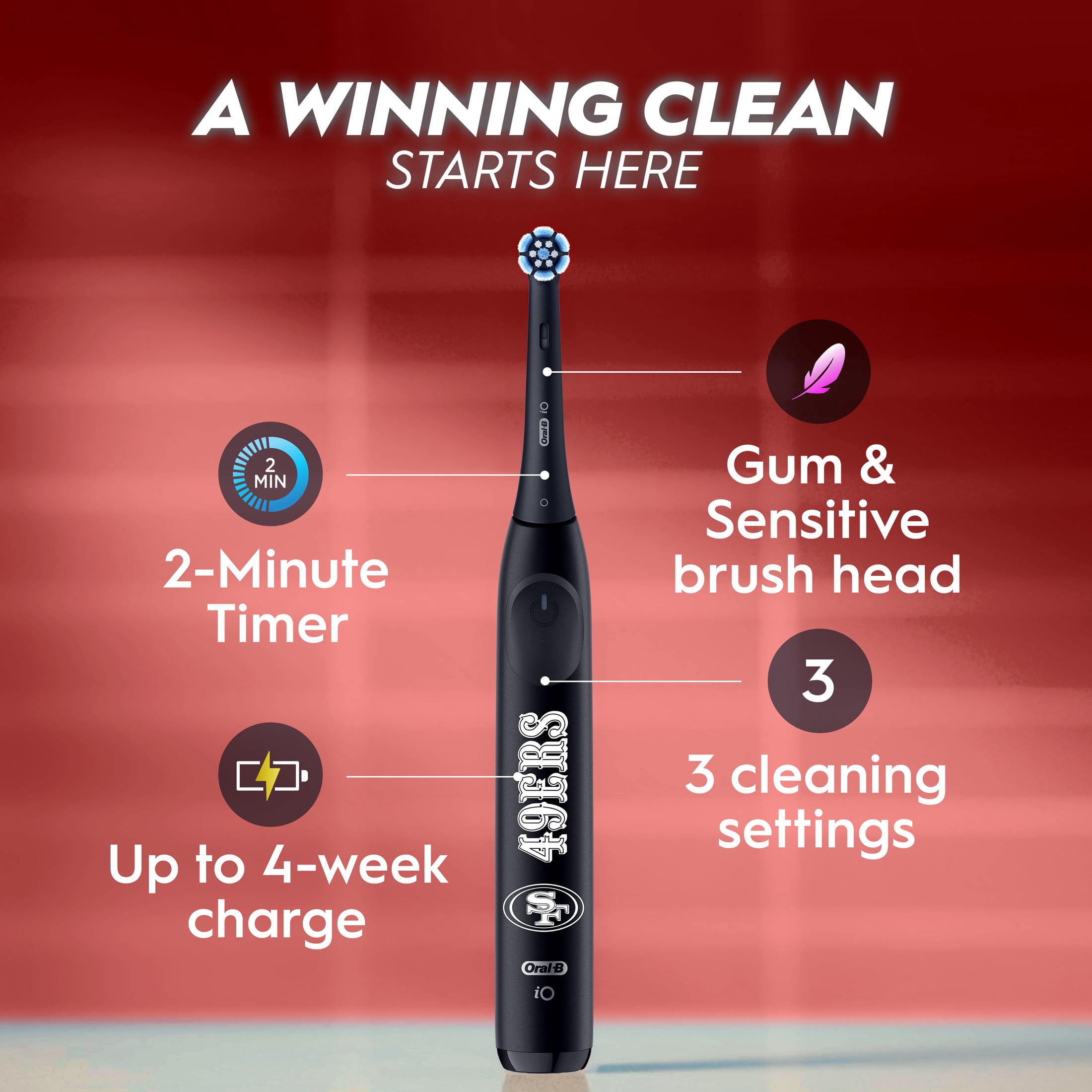 Oral-B Rechargeable Electric Toothbrush,NFL San Francisco 49ers Edition iO2, 3 Cleaning Modes, Automatic Pressure Sensor to Protect Gums