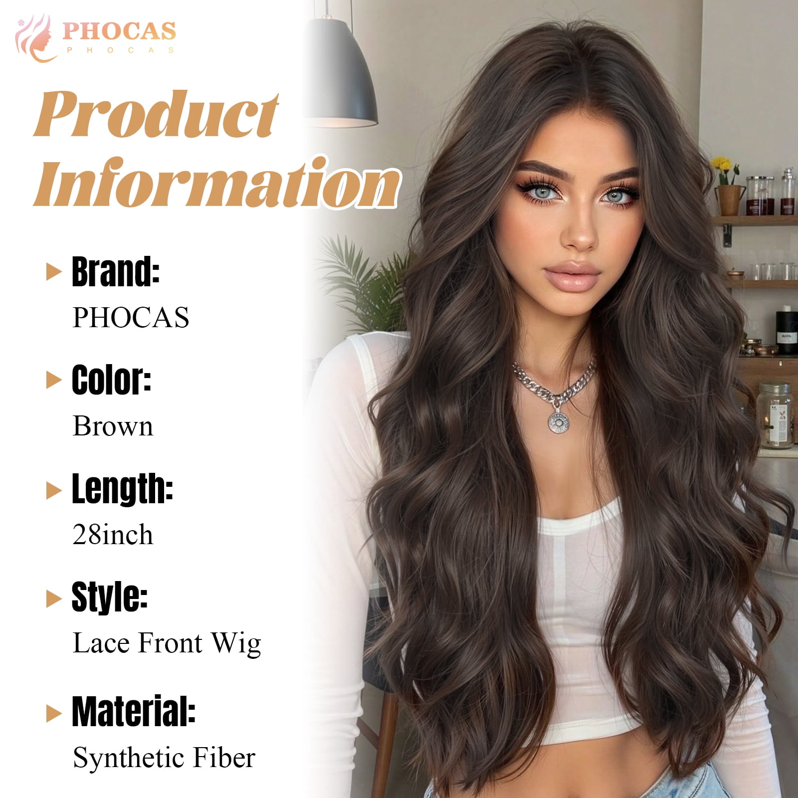 PHOCAS 28 Inch Deep Wave Lace Front Wig 13x3 Synthetic Glueless Wig for Women Pre Plucked Natural Hairline Heat Resistant Easy Style Dark Brown