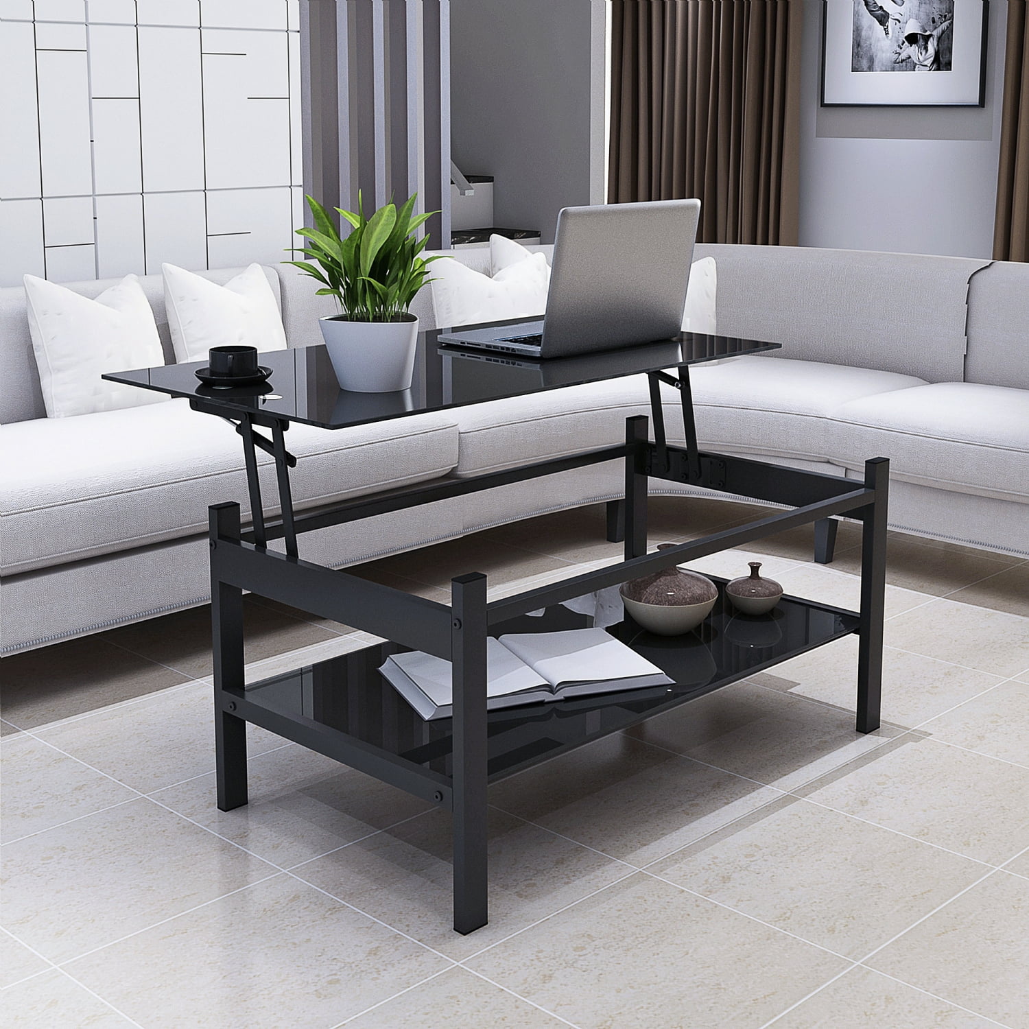 Glass Lift Top Coffee Table, Modern Simple 2-Layer Tempered Glass