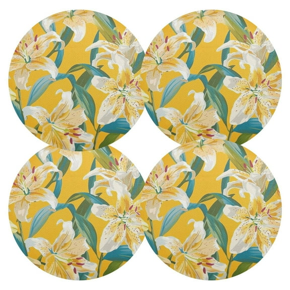 Ryvnso Lily Flowers Green Leaves Round Plate Mats Dining Table Placemat Set of 4 for Holiday Decoration