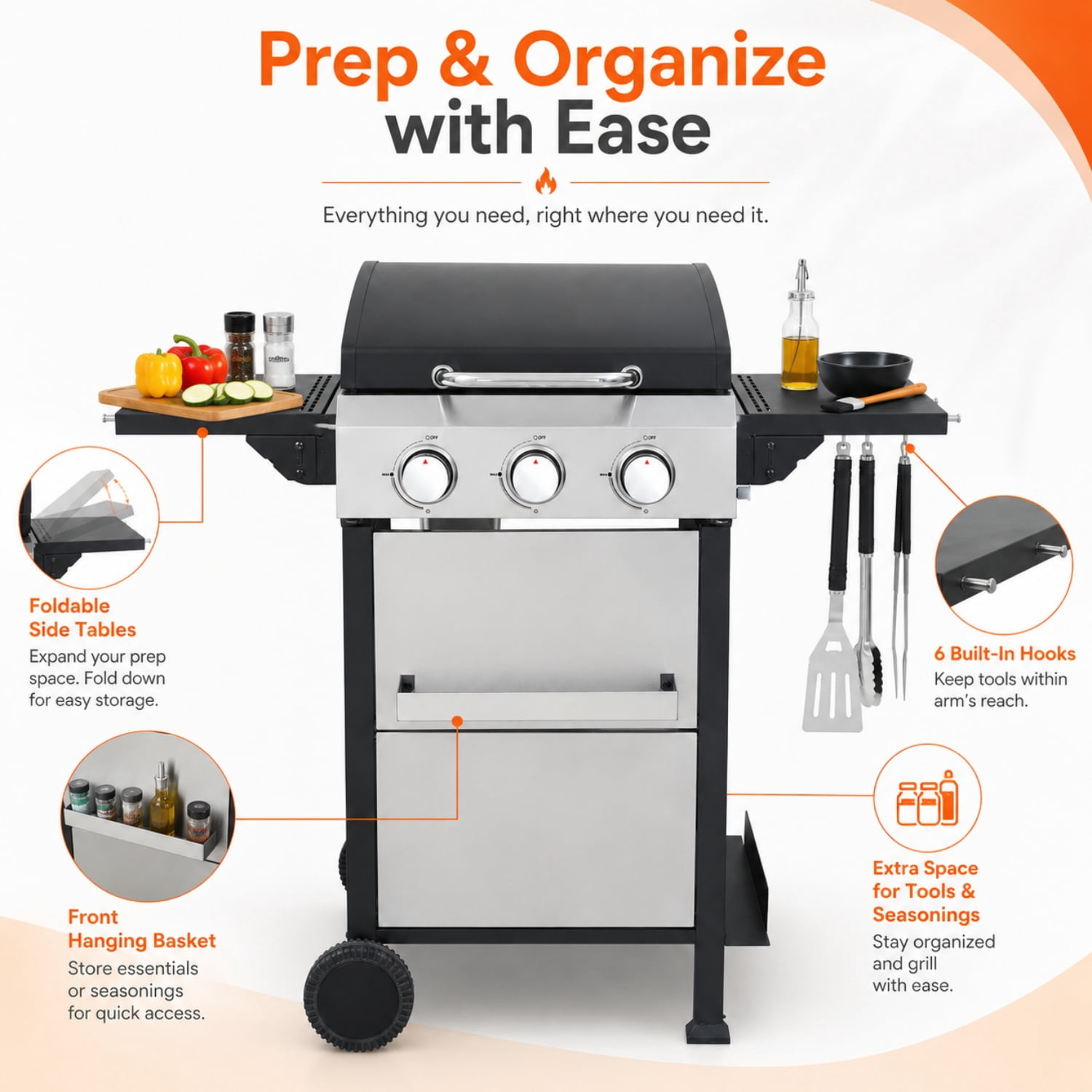 Miniyam 3 Burners BBQ Propane Gas Grill with Side Burner for Outdoor Barbecue, 36900 BTU Output