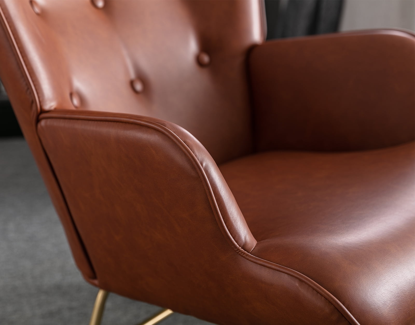 Guyou Modern Rocking Chair, Glider Nursery Chair with Tufted Wingback, Faux Leather Upholstered Accent Armchair for Living Room Bedroom Nursery, Brown
