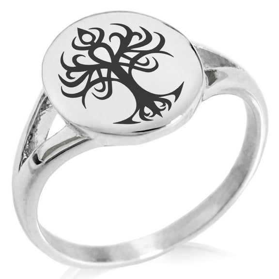 Stainless Steel Tribal Tree of Life Minimalist Oval Top Polished Statement Signet Ring