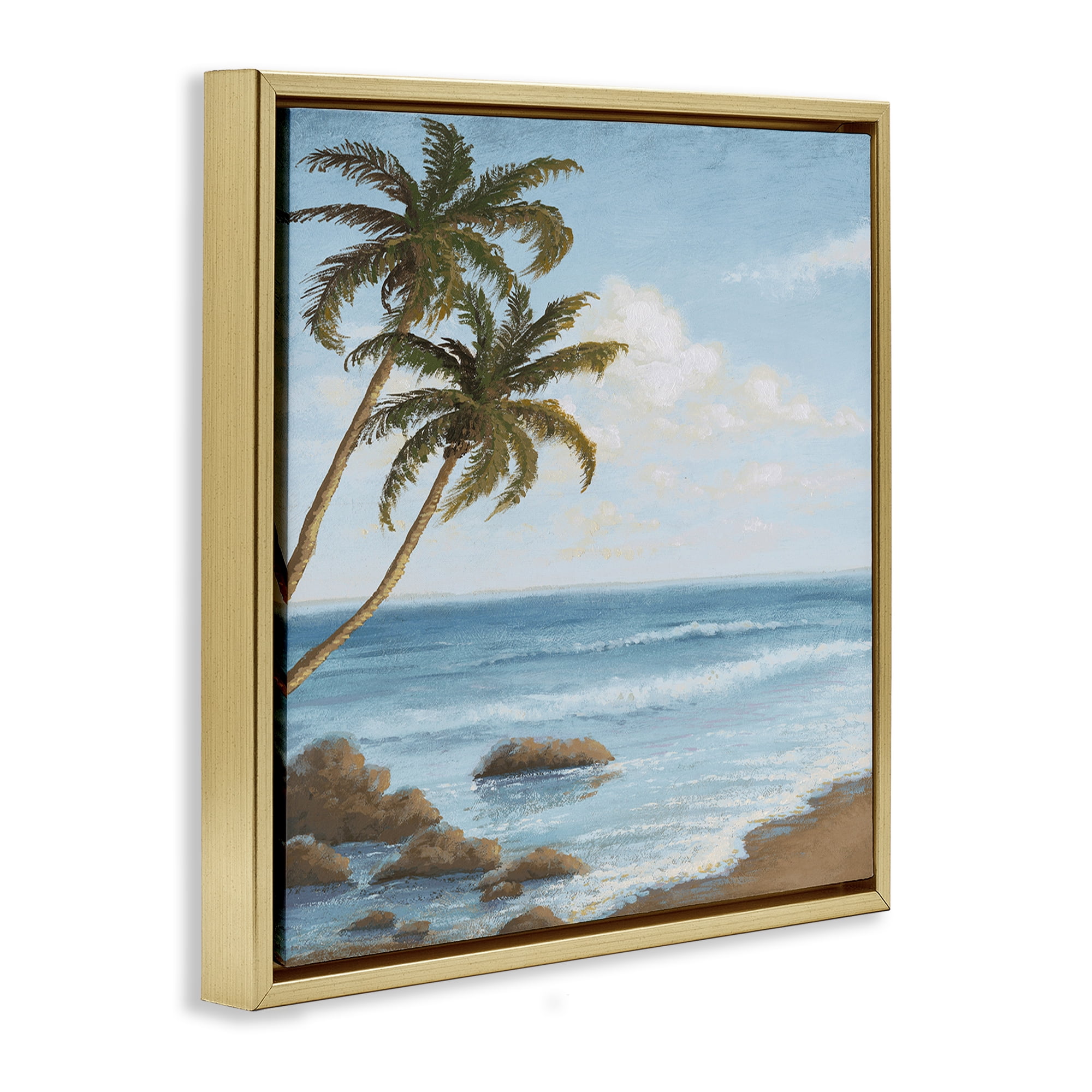 Stupell Industries Palm Trees Looming Beach Coastal Painting Gold Floater Framed Canvas Art Print Wall Art, 18 x 18