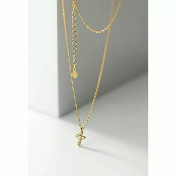 QQTDFG Sterling Silver Bezel CZ Tiny Cross Pendant Necklace A2728-Gold