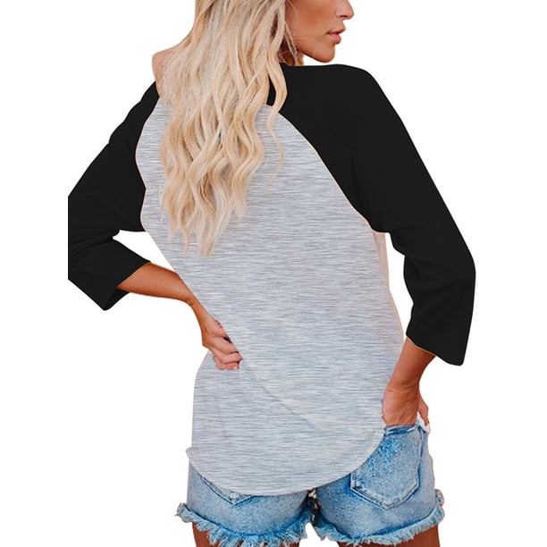 Jumpingount Camiseta de mezcla de algodón con cuello , camisetas informales de manga 3/4, camiseta interior holgada informal de manga 3/4, ropa Prendas para la parte del cuerpo Mangas 3/4 negras SG