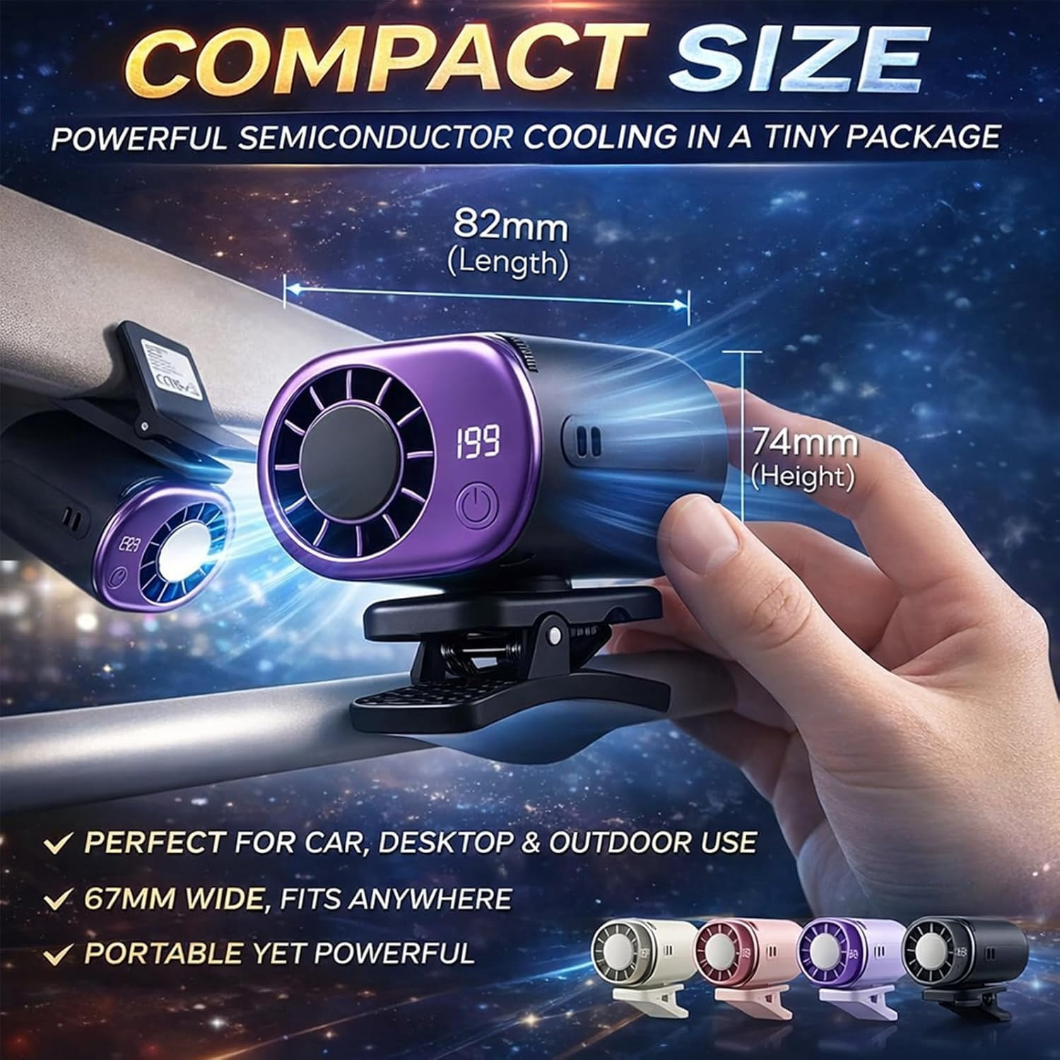 2026 New Car Clip On Air Conditioner Fan with LED Display, 360° Rotation Portable Mini Cooling Fan, USB Rechargeable 199 Speeds 16℃ Semi‑Cooling with Wide Clamp