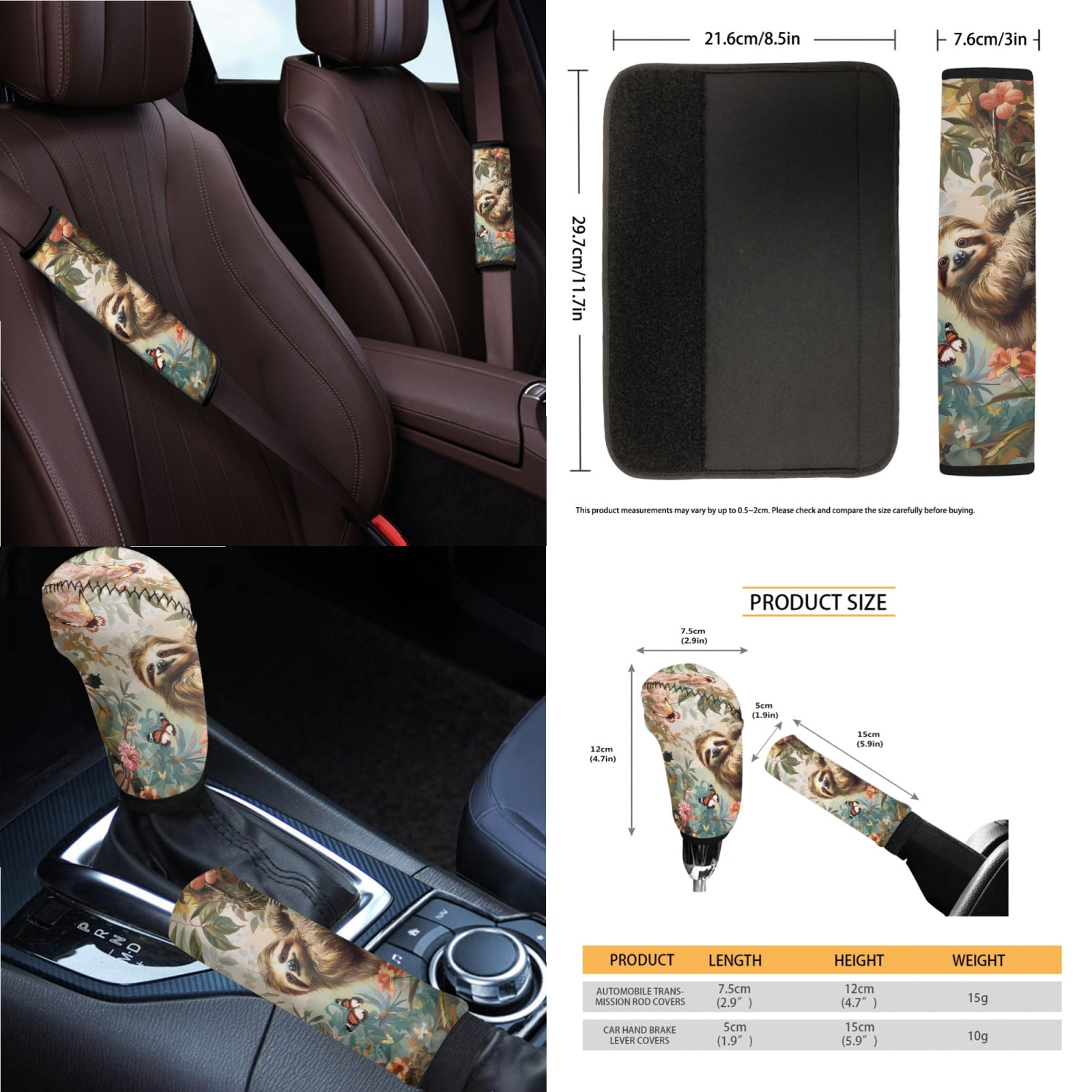 Jeiento Sloth 14 PCS Car Accessories Set Car Seat Protector Steering Wheel Cover Seatbelt Strap Pad Trash Can Armrest Cover Pad Cup Coasters Rearview Mirror Cover Handbrake Cover Set for SUV Truck