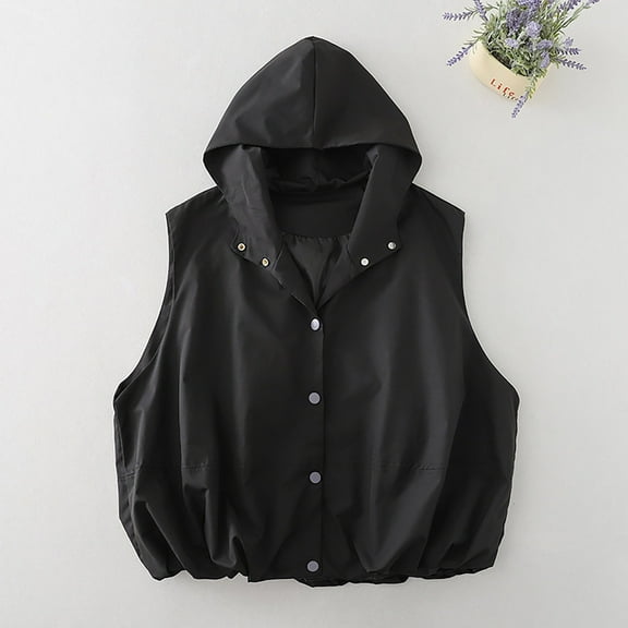 Fanxing Women's Sleeveless Hoodies Vest Button Down Lightweight Vests Casual Loose Fit Hooded Waistcoat Fall Trendy Clothes Black L