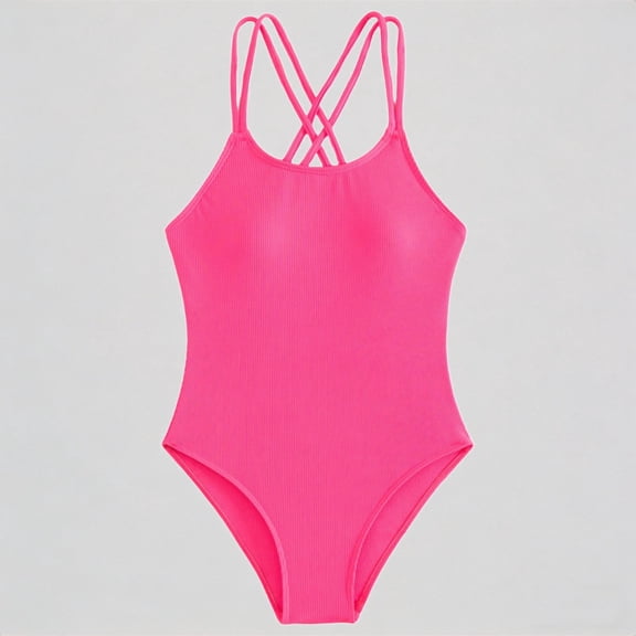 Krdevn Girls One Piece Swimsuit Ribbed Knit Criss Cross Back Spaghetti Strap Athletic Swimwear for Beach Pool Party,8-9 Years