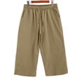thumbnail image 3 of Petite Capris Pants for Women Cotton Linen Casual Summer Straight Wide Leg Loose Pull on Below Knee Drawstring Elastic Waist Cropped Trouser Khaki L, 3 of 5