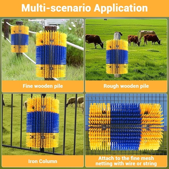 Historyli Livestock Scratching Brush Set-2PCS with Durable Plastic,Nylon Hard Bristles-Firm Resilient Triple-Sided Design,Outdoor Farm and Ranch Grooming Tool for Cow Horse-Blue and Yellow