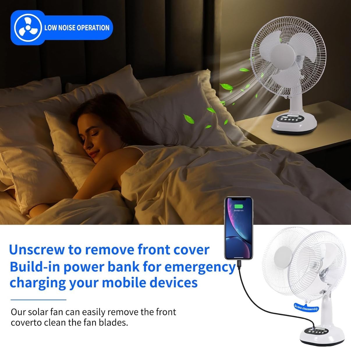 New Rechargeable Fan With solar panel, USB port, night LED light and 2 Free bulbs. Eco-Friendly Cooling