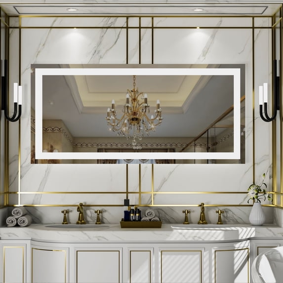 Pouseayar Bathroom Mirror with LED Light, 60x28" Dimmable Mirrors with Front Light & Backlit-3 Colors - Memory Function