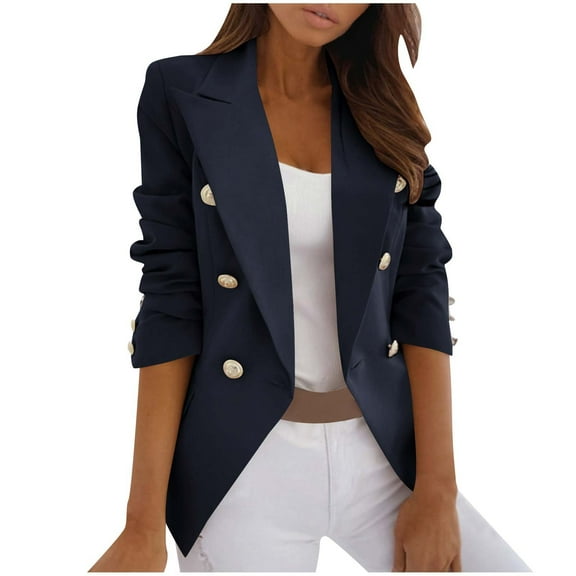 YYDGH Womens Cropped Long Sleeve Blazer Formal Open Front Notched Collar Slim Blazers Casual Fall Office Work Suit Jacket Dark Blue L