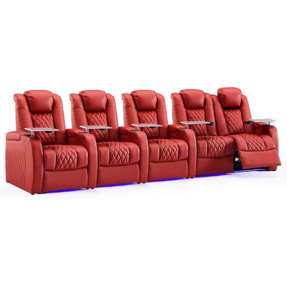 Weilianda Home Theater Seating Top Grain Leather Recliner Chair Dual Power Movie Gaming Sofa Electric Headrest with Tray Table Type-C USB Charge Cup Holders (Row of 5 Loveseat Right, Red)