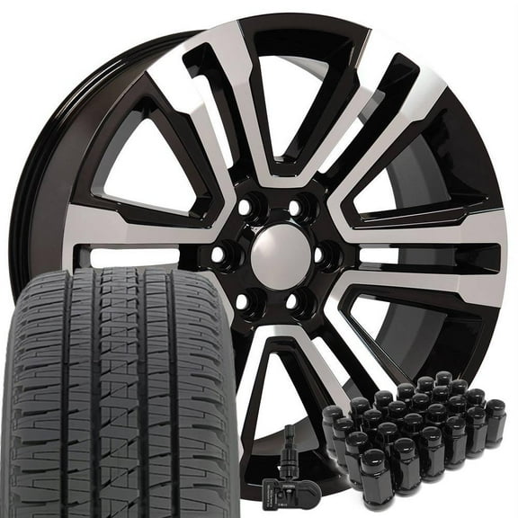 OE Wheels CV44 22 Inch Rims and Tires Fit Yukon Denali Style 6x139.7 22x9 Gloss Black Machined - Hollander 5822 - Dueler H/L Alenza 285/45-22 (Set of 4)