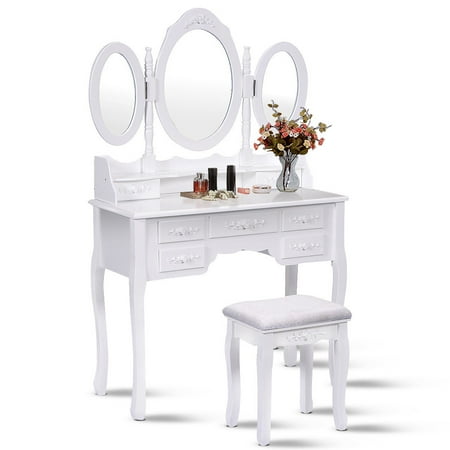 Ghp White Mdf 7 Drawer Vanity Dressing Table With Trifold Mirror Ghp White Mdf 7 Drawer Vanity Dressing Table With Trifold Mirror Cushioned Stool