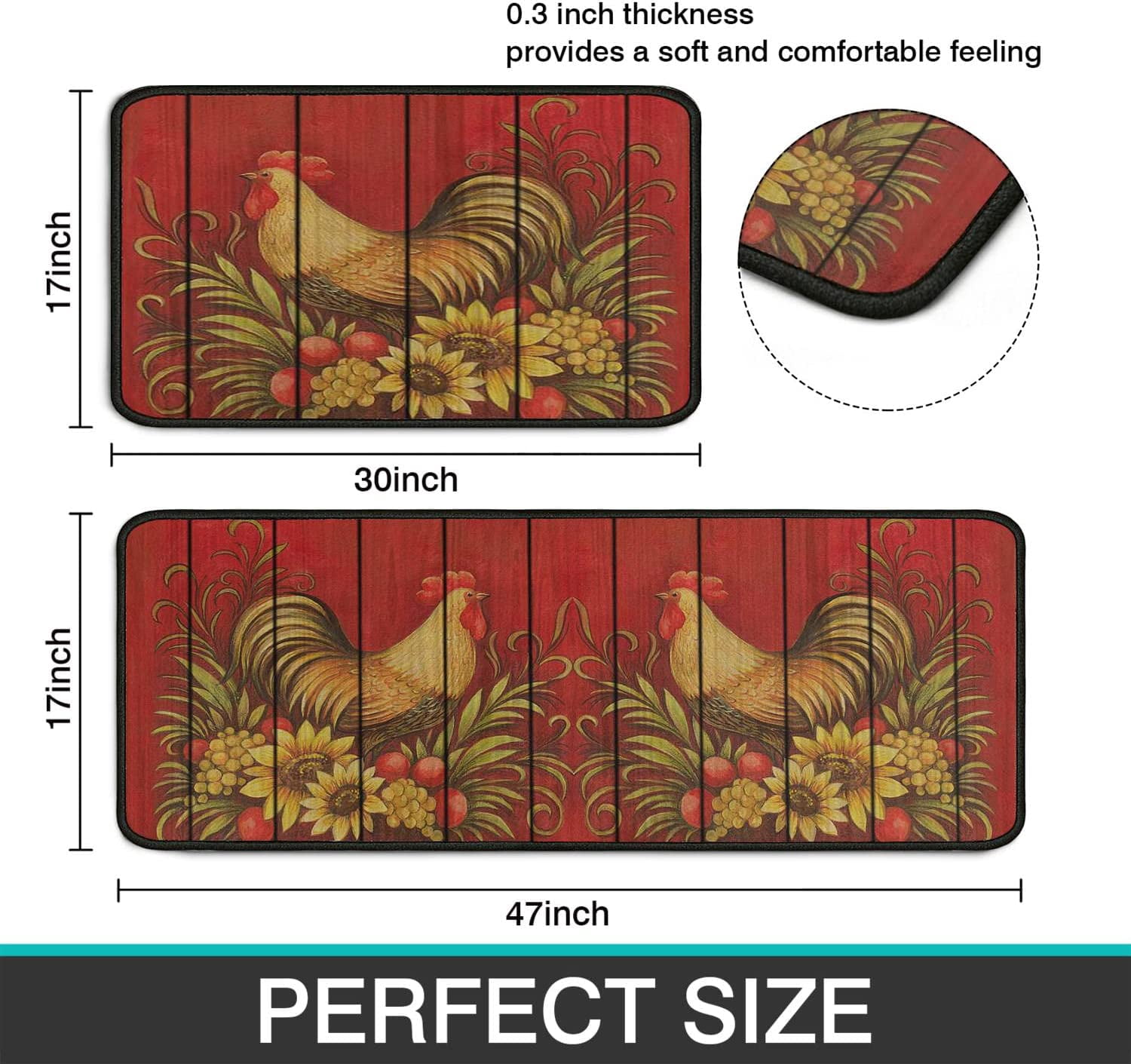 Black Kitchen Rugs and Mats Sets of 2, Funny Kitchen Decoration Rubber Backing Non-Slip Absorbent Mats for Sink Waterproof Runner Rug for Laundry Room 17x30+17x48inch