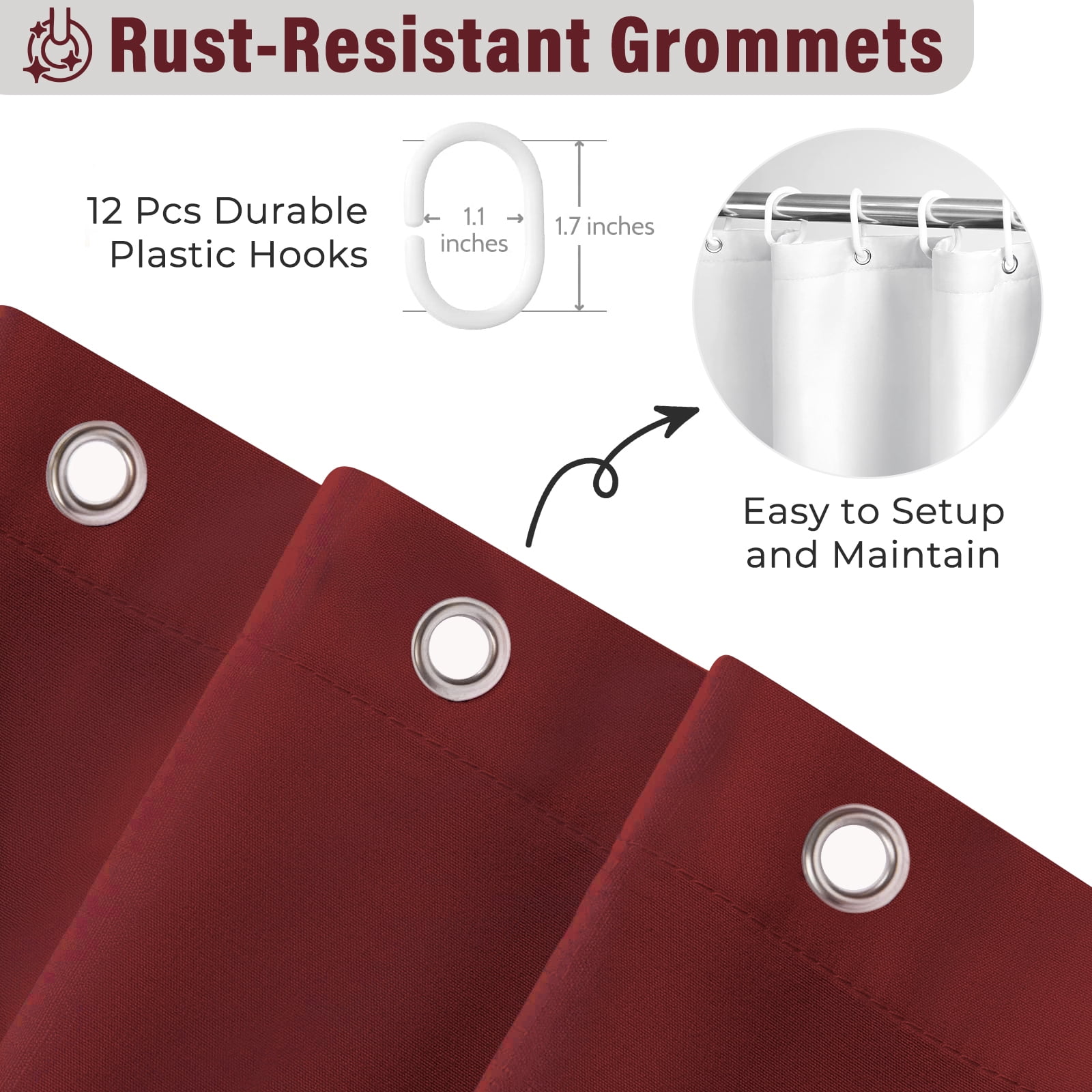 Lipa Farmhouse Ruffle Shower Curtain,Shabby Chic Shower Curtain with 12 Hooks,Burgundy,72" x 72"