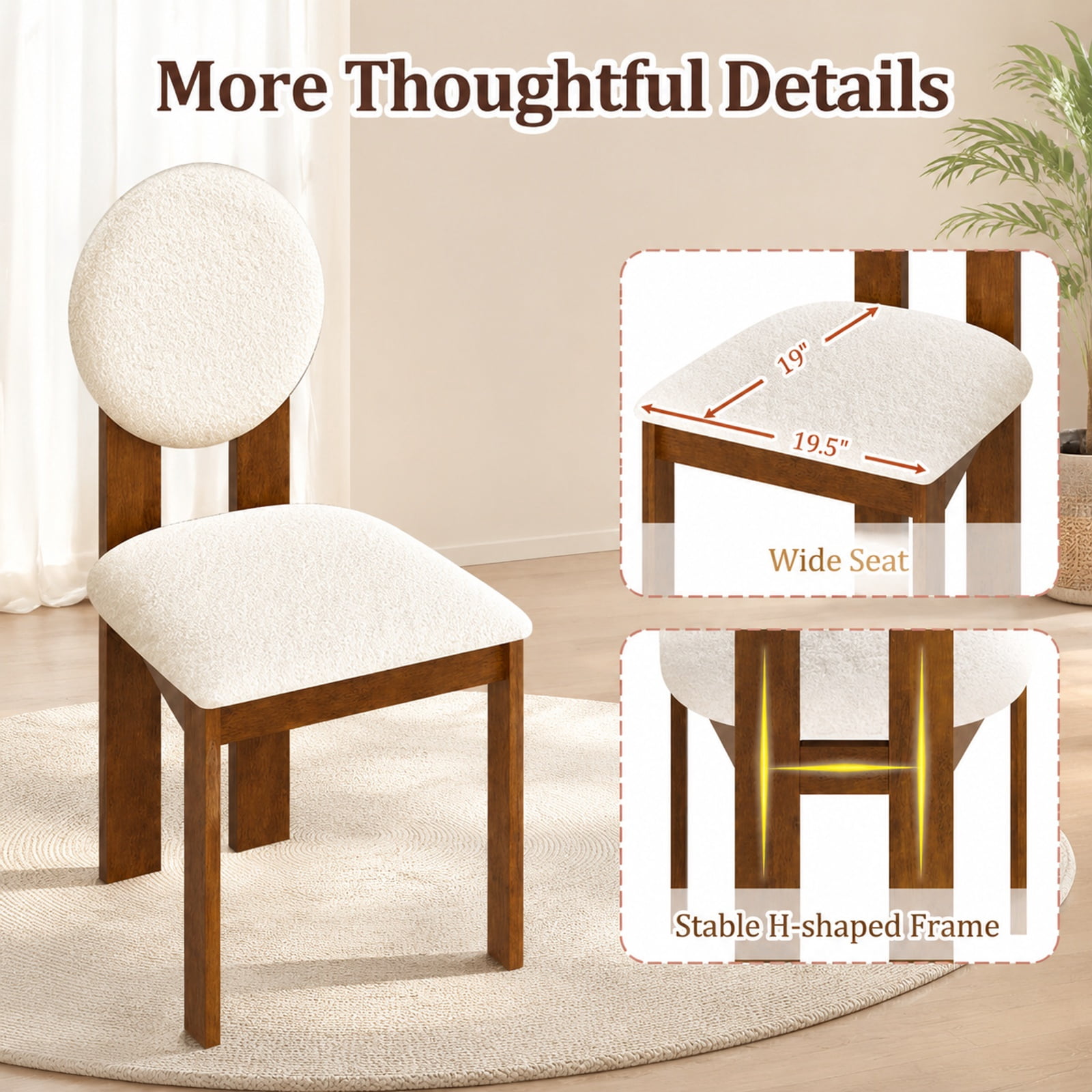 Furnibear Sherpa Upholstered Dining Chairs Set of 2 with Rubber Wood Legs for Kitchen Living Room and Restaurant Seating, White