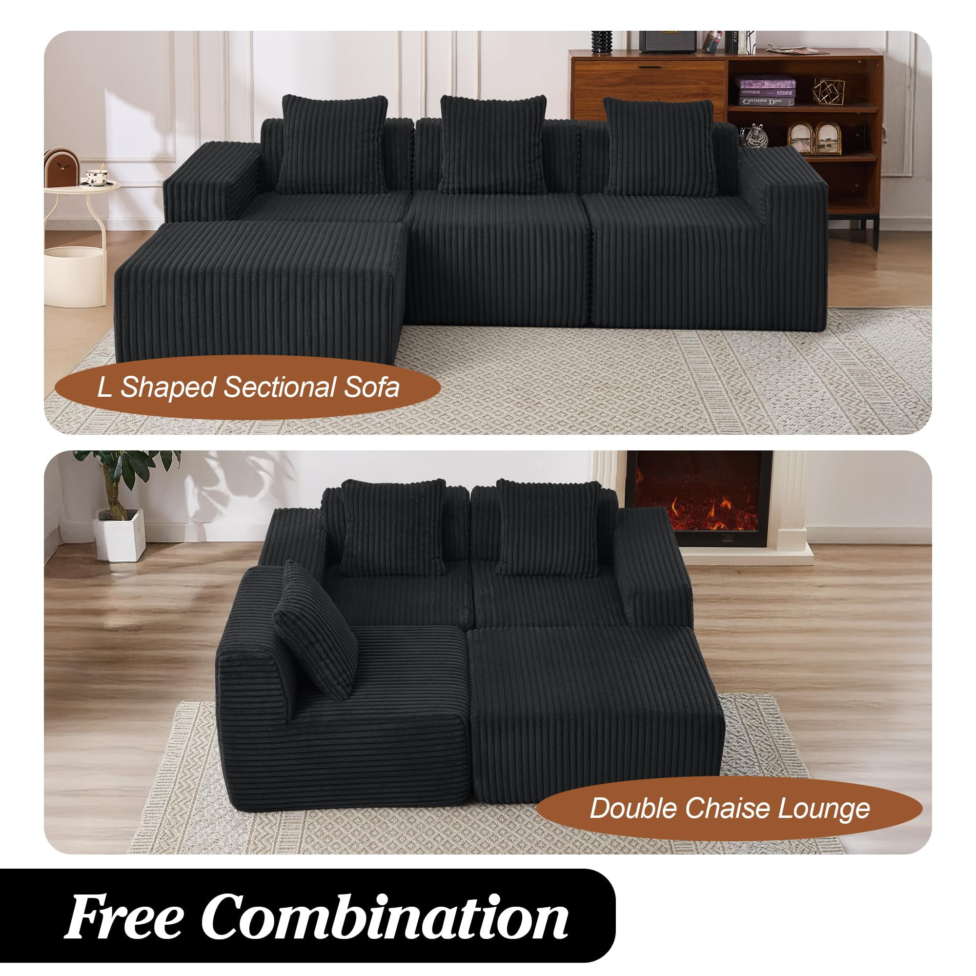 101" Boneless Memory Foam Sectional Sofa, Corduroy Could Modular Sectional Couch, Comfy L Shaped Compression Couches with Chaise for Living Room, No Assembly Required (Black, 101in)