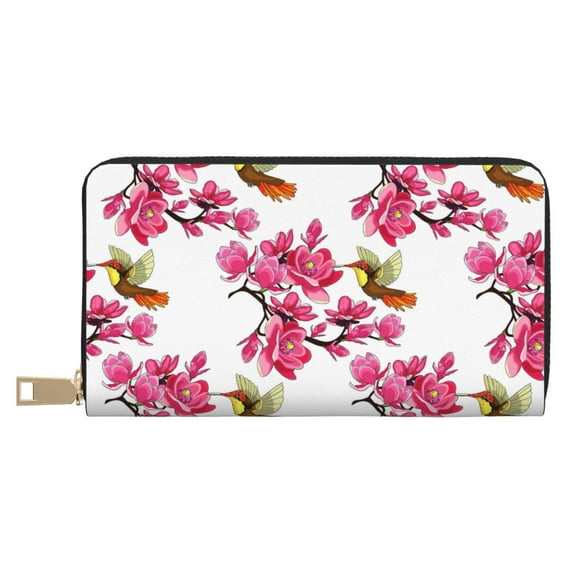 Leather Thin Slim Wallets for Women Men - Pink Magnolia Hummingbird Clutch Card Wallet for Women Men with Zipper