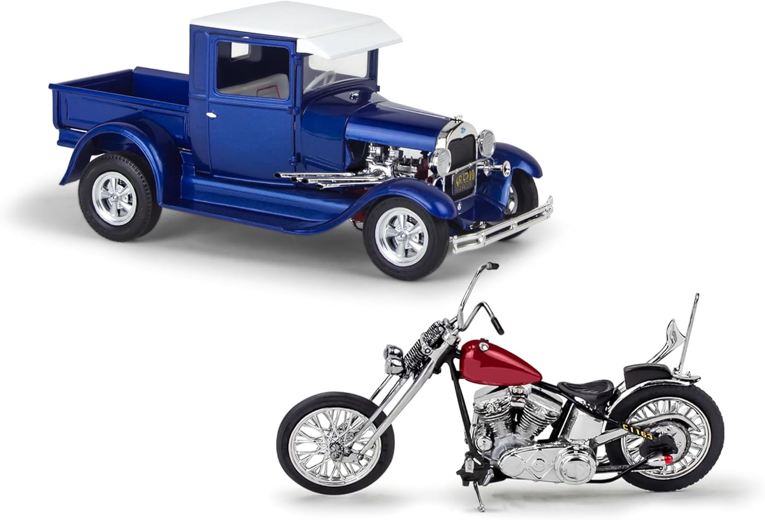 Level 5 Model Kit 1929 Ford Model A Hot Rod Pickup Truck and California Street Chopper Motorcycle 1/25 Scale Model by Revell