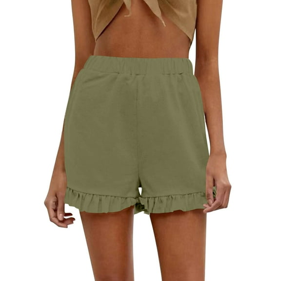 WAYUTE Womens Shorts Solid Color High Waisted Ruffles Trim Cotton Straight Leg Shorts Work School Casual Versatile Summer Dailywear