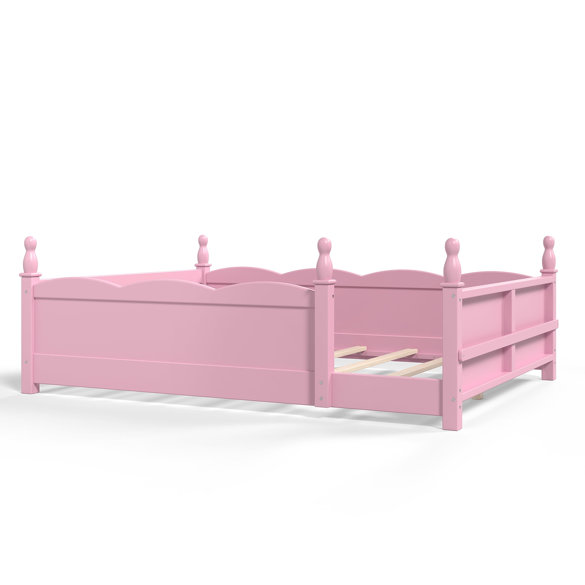 Montessori Full Floor Bed with Full-Length Guardrails and Bookshelf, Low Profile Kids Bed with Childlike Design, Pink