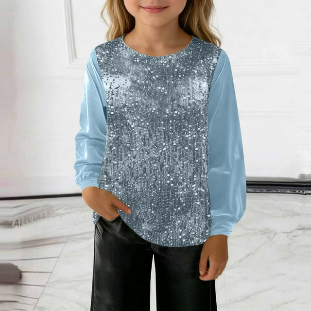 EGNMCR Mode Fille Décontracté Couleur Unie Col Rond Manches Longues Haut à Paillettes Blouse Fille Robe en Polyester