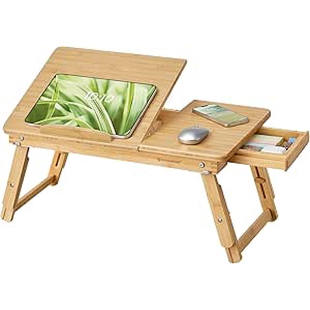 SONGMICS Bureau d'Ordinateur Portable Multifonction, Plateau de Lit Table de Petit-Déjeuner avec Tiroir de Rangement, Naturel