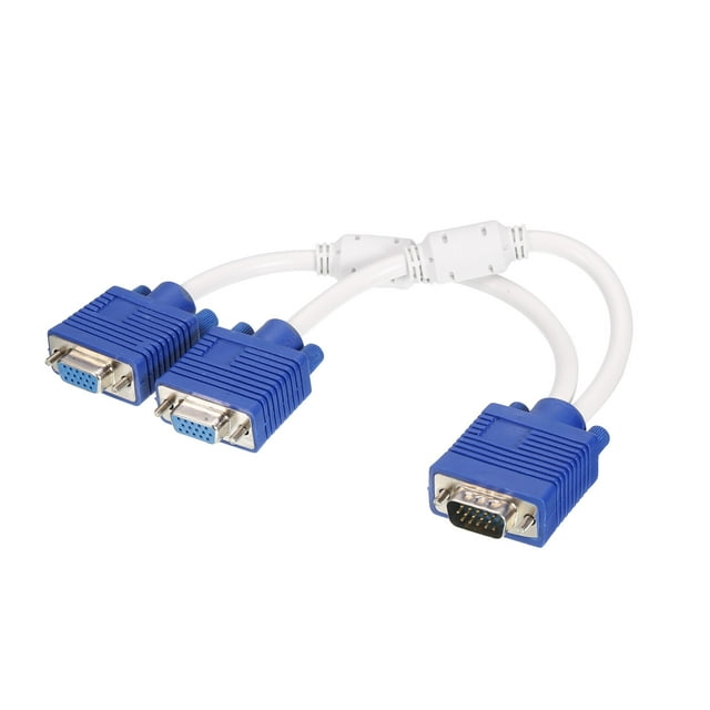 Unique Bargains VGA Splitter Cable, VGA 1 Male to 2 Female cable with ring adapter for monitor duplication. This 28cm (11-inch) ABS cable features two VGA female output connectors and one VGA male input connector, enabling simultaneous display on two monitors. Ideal for video cable setups and monitor converters, the cable is white with blue connectors.