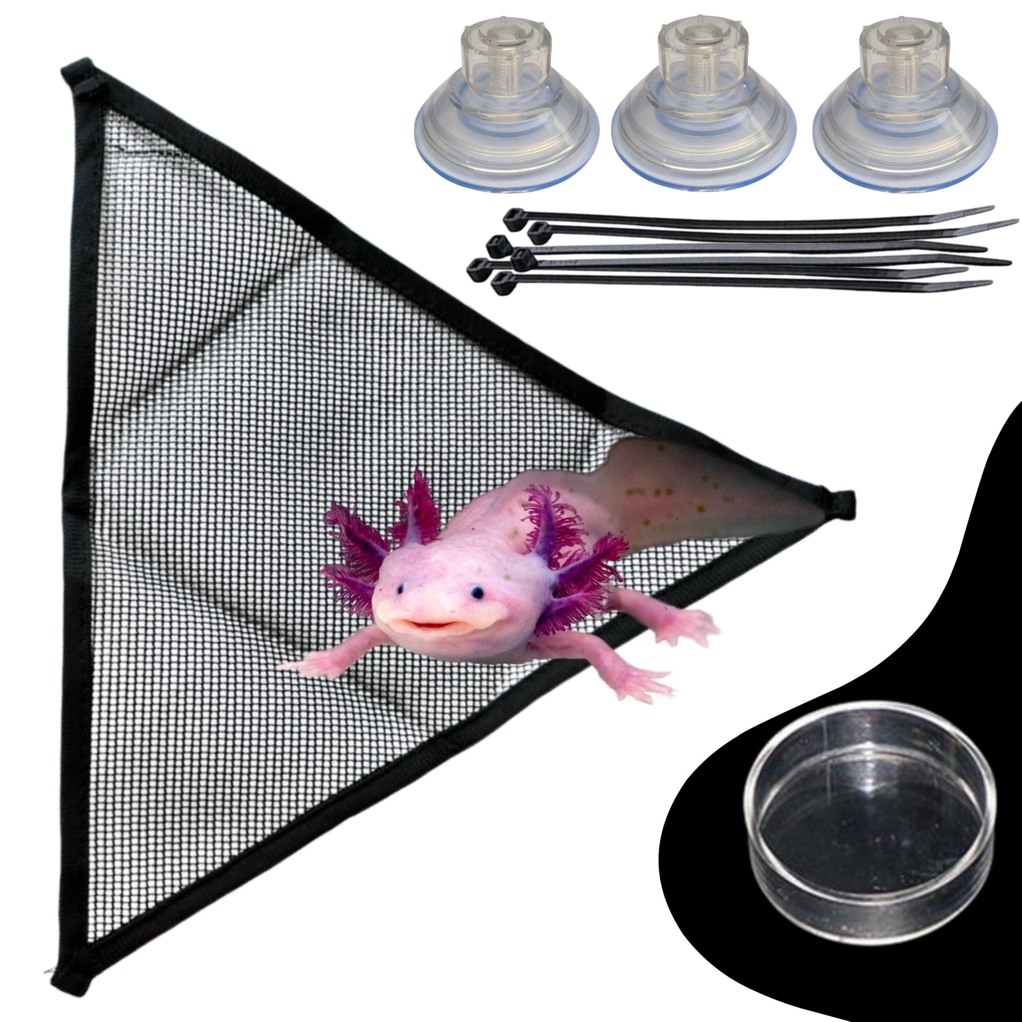 Axolotl Hammock with Feeding Dish, Aquarium Resting Spot Food Bowl Feeder, Mesh Tank Accessory Aquarium Decor, Black, S