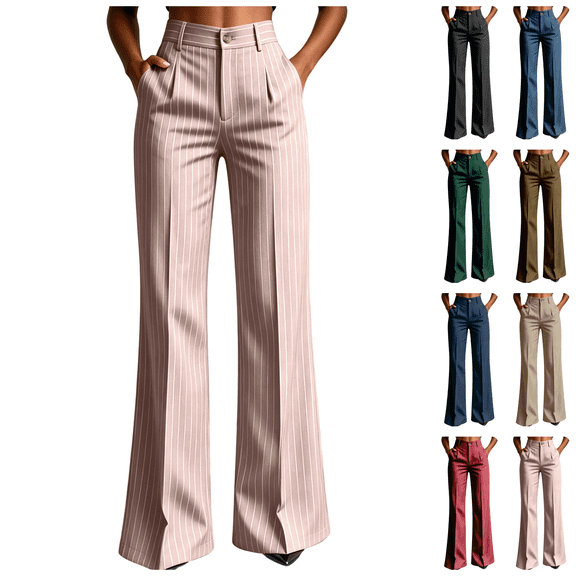 cocolona Womens Business Casual High Waist Dress Pants Elastic Waist Straight Wide Leg Commute Striped Pants with Pockets