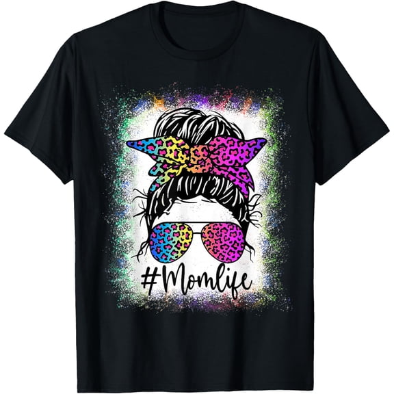 Womens Mom Life Bleached Shirt Rainbow Leopard Messy Bun T-Shirt- Classic Unisex 100% Cotton Crew Neck T-Shirt Regular Fit Breathable Casual Everyday Wear
