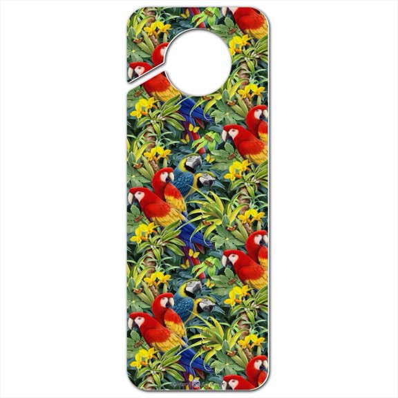 Majestic Macaws Colorful Rainforest Pattern Plastic Door Knob Hanger Sign